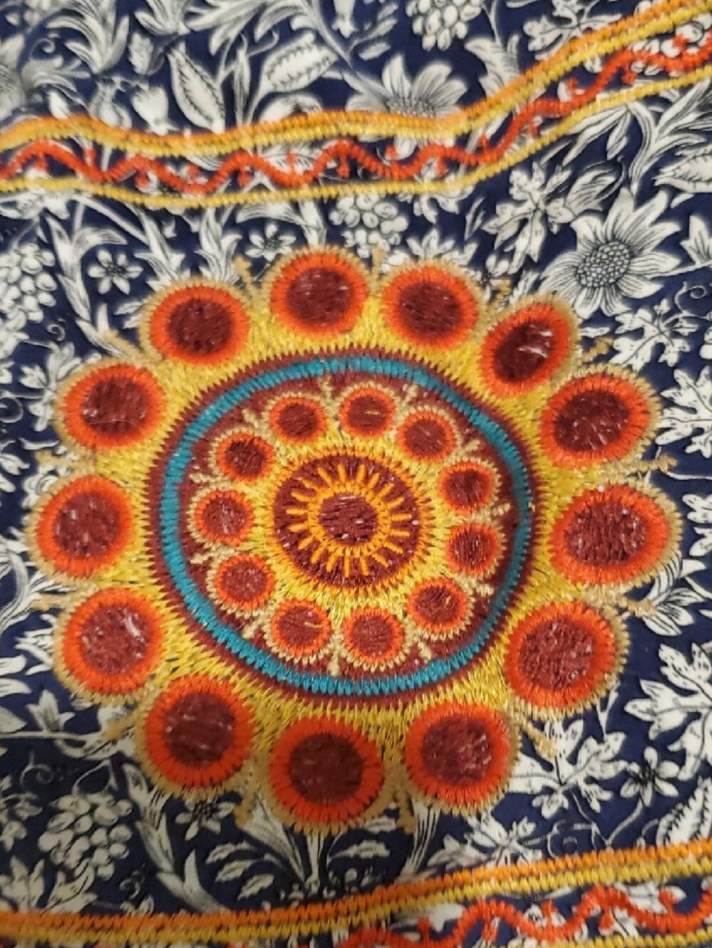 vu Navy Blue and White Printed Tunic with Orange Embroidered Hem - Picture 3 of 3